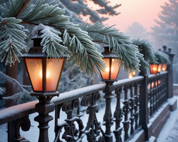 Snowy Pine Branch Over Gas Lanterns and Fence Scene