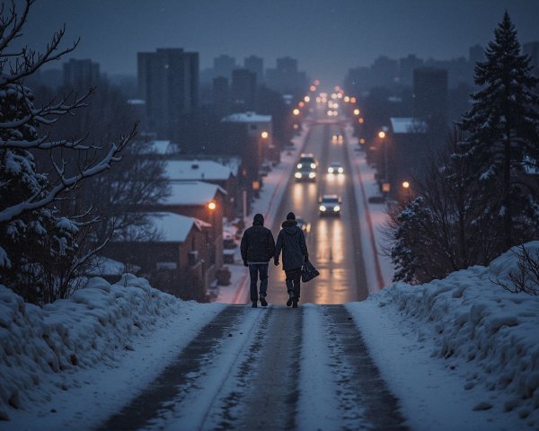 Snowy Evening Stroll on a Quiet Road with Streetlights