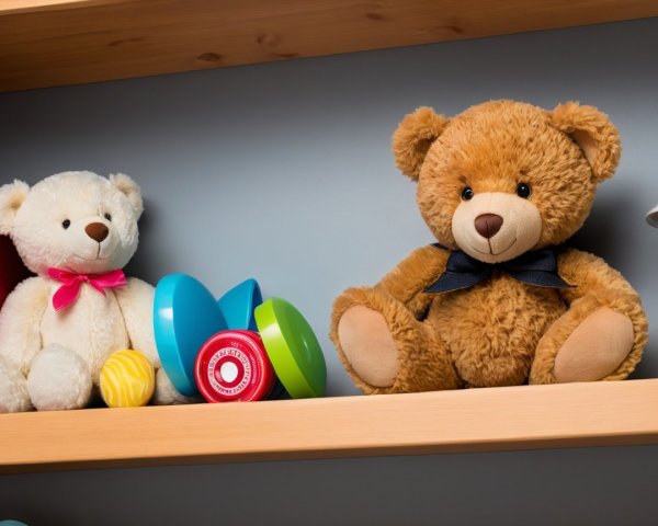 Plush Teddy Bears and Colorful Play Items on Shelf