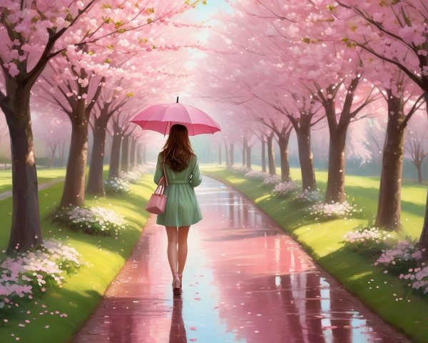 Cherry Blossom Pathway with Woman and Pink Umbrella