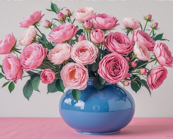 Vibrant Pink Roses and Peonies in Blue Vase