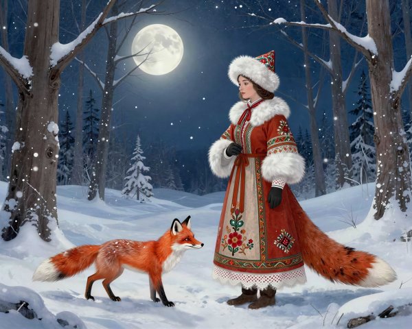 Woman in Traditional Russian Dress in Snowy Forest