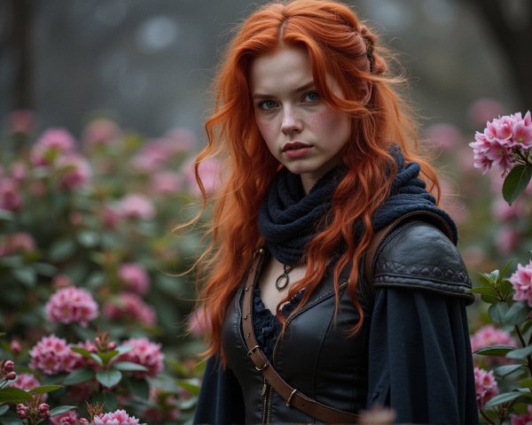 Young Woman with Red Hair in Blooming Garden