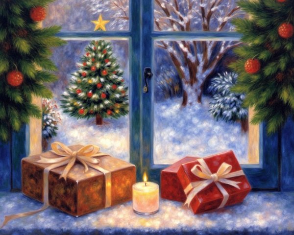 Cozy Winter Scene with Festive Decorations and Gifts