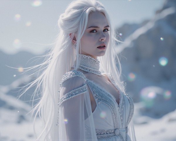 Young woman in beaded gown in snowy landscape