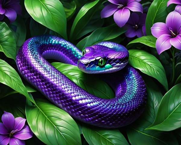 Vibrant Purple Snake Among Green Leaves and Flowers