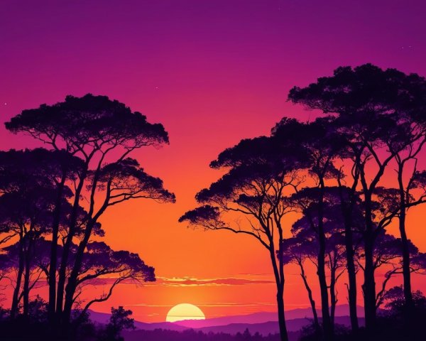 Vibrant Sunset with Silhouetted Trees and Tranquil Colors