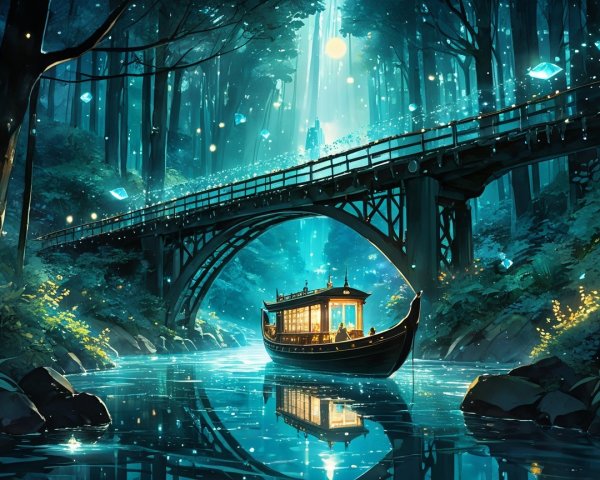 Mystical Forest with Boat and Enchanted Bridge