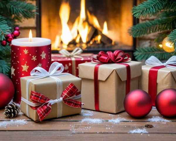 Cozy Christmas Scene with Fireplace and Festive Decor