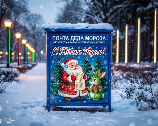 Dark Blue Mailbox with Santa and Rabbit Illustration