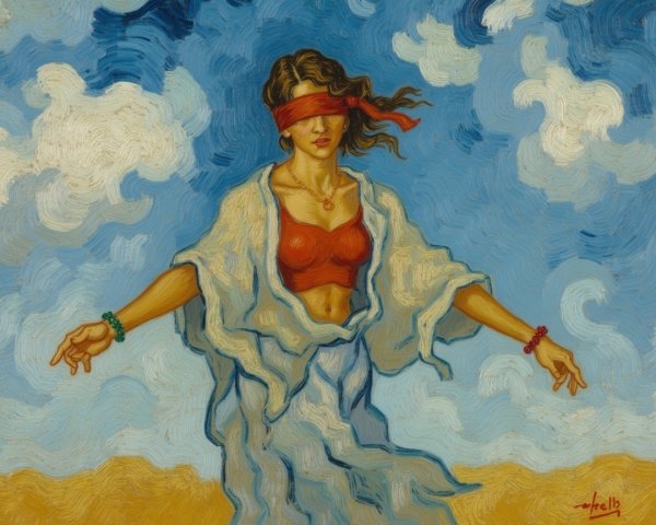 Woman in red blindfold in expansive landscape scene