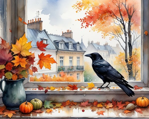 Autumn Scene with Raven and Cozy Windowsill Decor