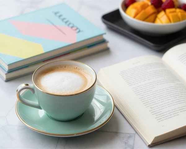 Flat Lay of Teal Cappuccino Cup and Abstract Books
