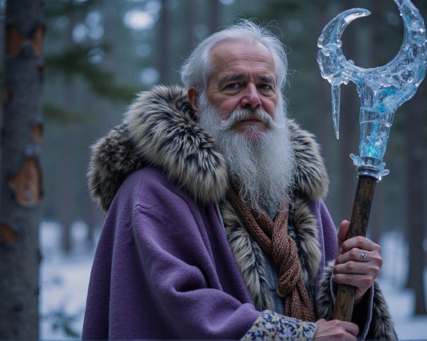 Elder in Purple Robe in Snowy Forest Scene