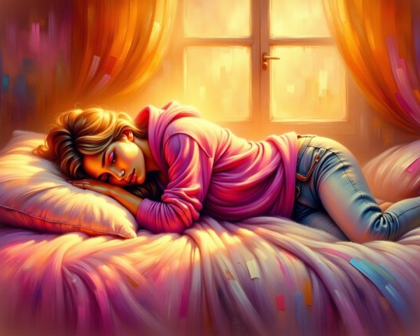 Cozy bedroom scene with a young woman in pink hoodie