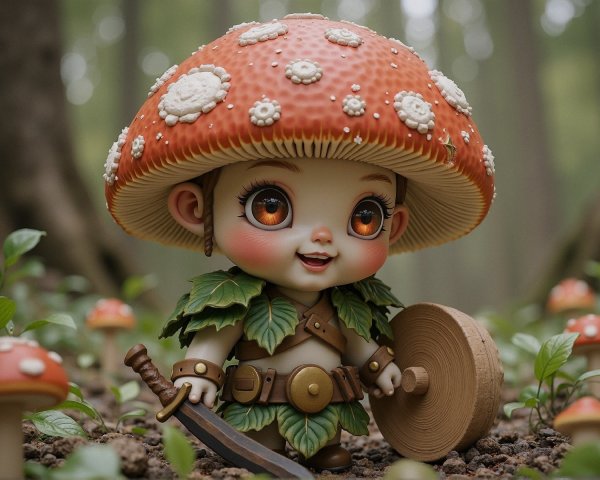 Whimsical Figure in Forest with Mushroom Cap and Shield
