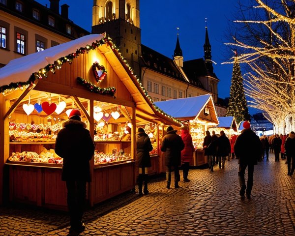 Festive Evening Market Scene with Holiday Decorations