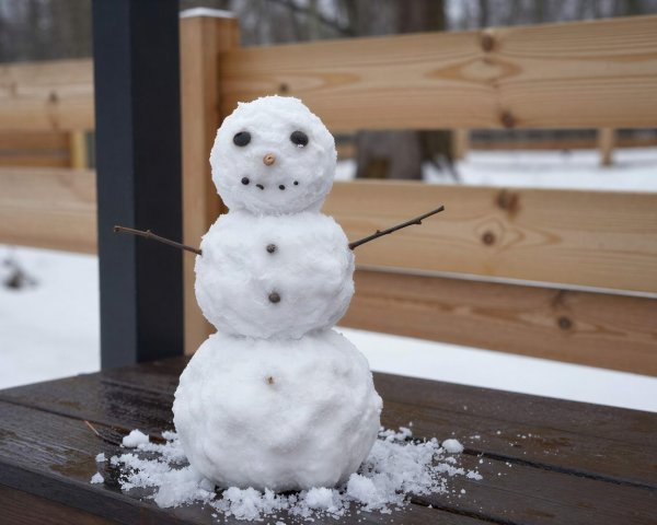Small Three-Tiered Snowman on Wooden Surface