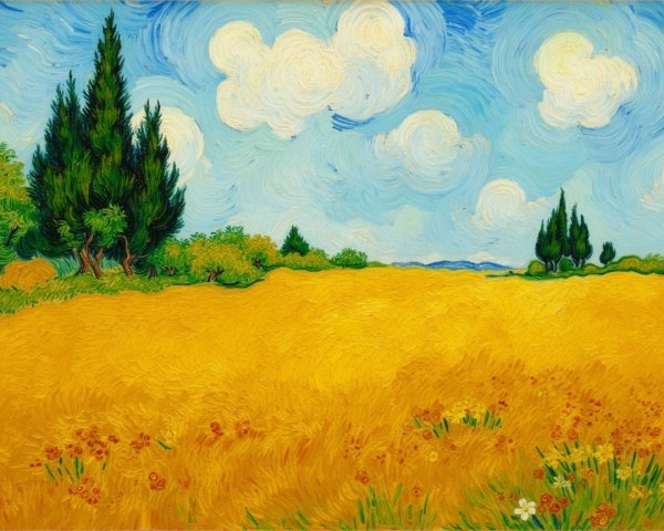 Vibrant Wheat Field Under Blue Sky and White Clouds