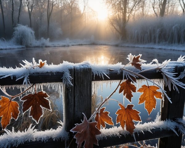 Serene winter scene with frosted leaves and mist