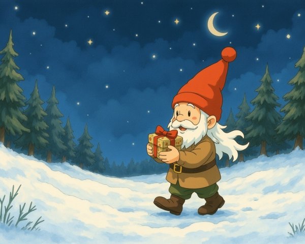 Cheerful gnome in snowy landscape with presents