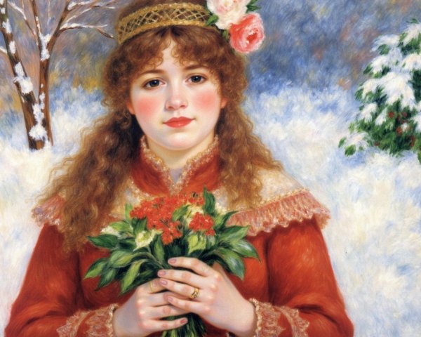 Young girl in red coat with flowers in snowy scene