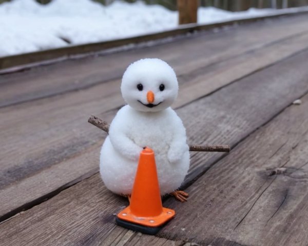 Plush Snowman with Traffic Cone on Wooden Surface