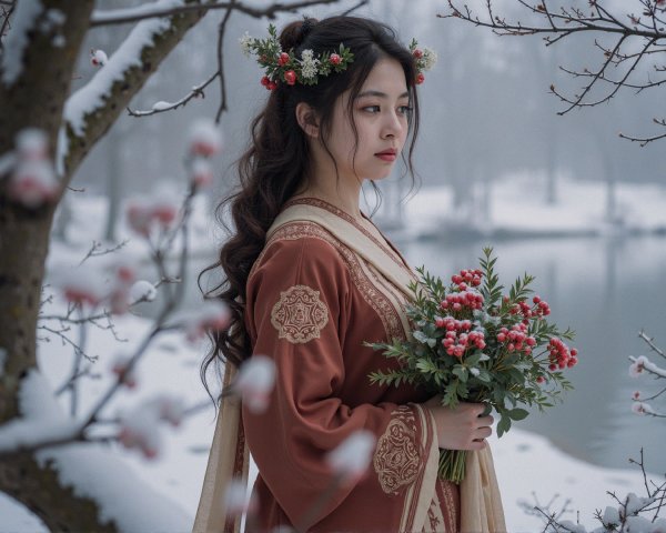 Young Woman in Brown Gown in Snowy Landscape