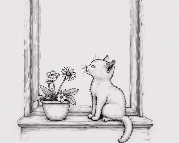 Whimsical Cat Illustration on Windowsill with Flower