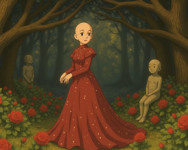 Young girl in red dress amidst mystical forest scene