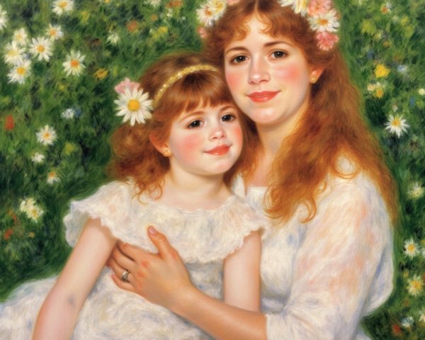 Tender Moment Between Two Red-Haired Figures in Field