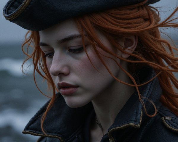 Young woman in stylish jacket by moody seascape