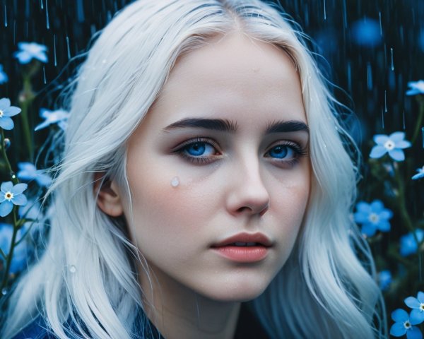 Young woman with white hair and blue flowers in rain