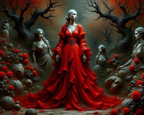 Ethereal Scene with Red Gown and Ghostly Figures
