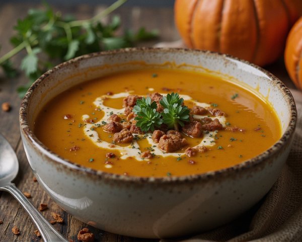 Creamy Pumpkin Soup with Herbs and Rustic Decor