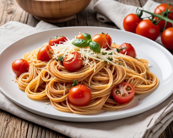 Spaghetti with Cherry Tomatoes and Basil Garnish