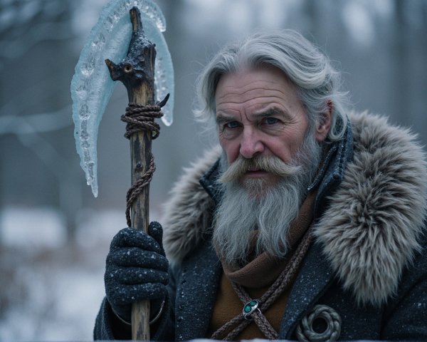 Elderly Man in Snowy Forest with Mystical Staff