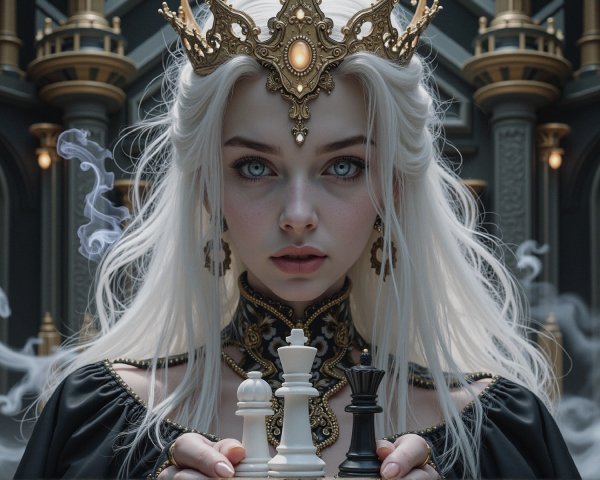 Young Woman in Ornate Chamber with Chess Pieces