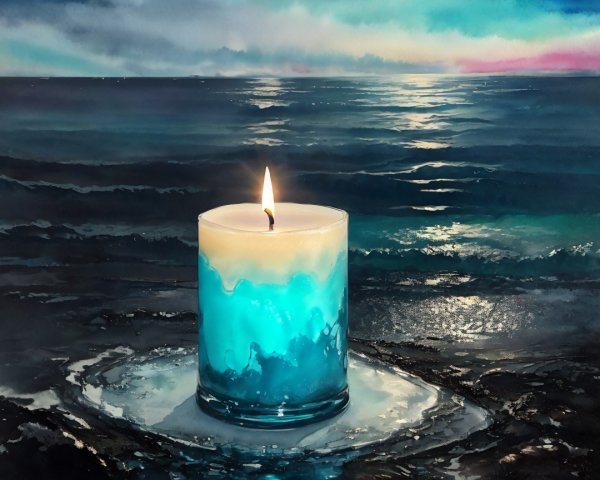 Candlelit Ocean Scene with Serene Colors and Waves