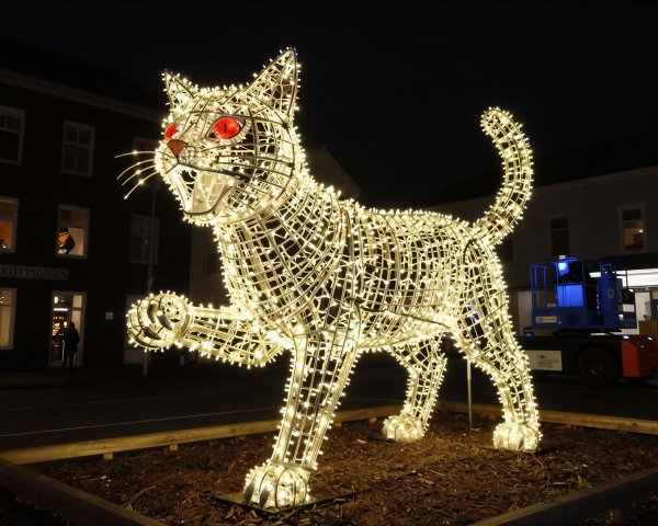 Illuminated Cat Sculpture in Outdoor Night Setting