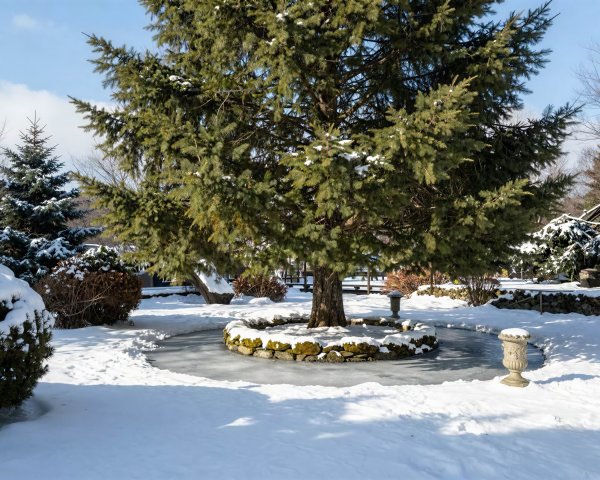 Winter Wonderland with Evergreen Trees and Frozen Pond