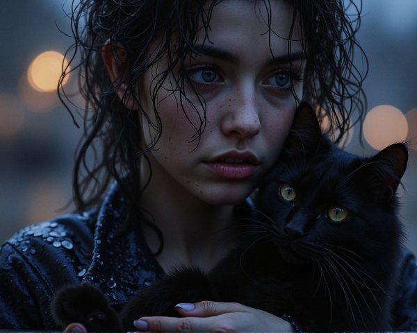 Young person with cat in cozy, warm light setting