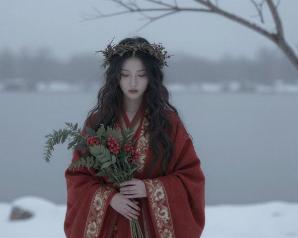Soft-focus portrait of a woman in a snowy landscape
