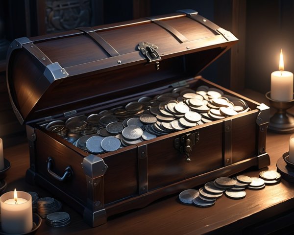 Wooden treasure chest with coins and flickering candles