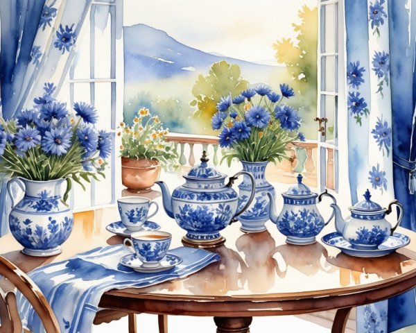 Sunlit Table Setting with Blue Floral Arrangements
