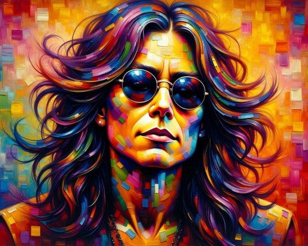 Vibrant Abstract Portrait with Flowing Hair and Sunglasses