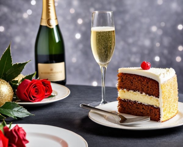 Festive Table Setting with Cake and Champagne