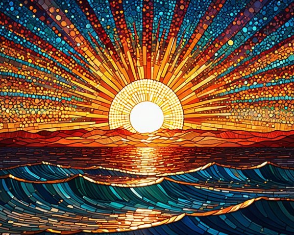 Vibrant stained-glass mosaic of sunrise over the ocean