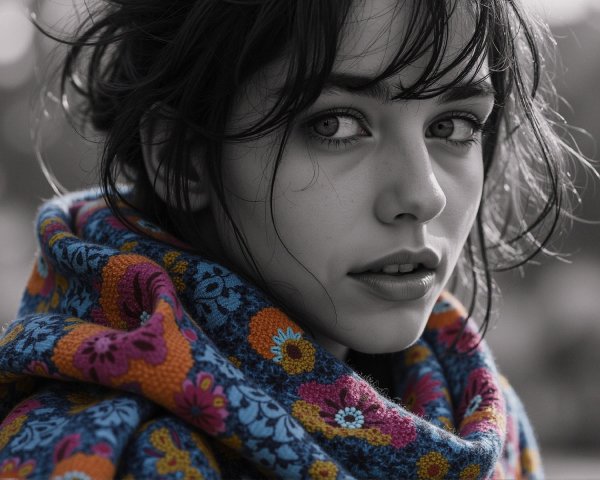 Young Woman in Floral Scarf with Softly Blurred Background