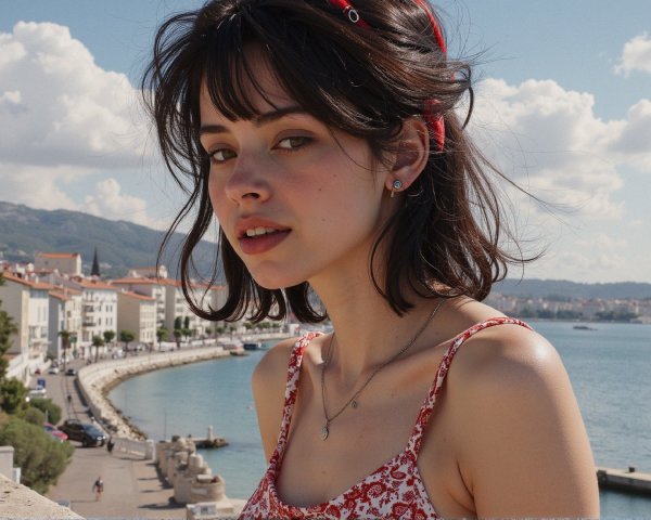 Young Woman in Floral Dress by Coastal View
